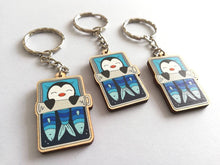 Load image into Gallery viewer, Penguin keyring, sleeping penguin sardine tin, lightweight wooden key fob, ethically sourced wood, penguin key chain, cute bag charm