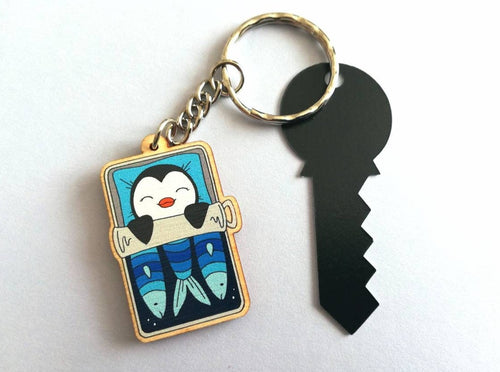 Penguin keyring, sleeping penguin sardine tin, lightweight wooden key fob, ethically sourced wood, penguin key chain, cute bag charm