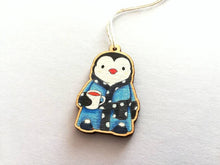 Load image into Gallery viewer, Penguin dressing gown Christmas decoration, eco friendly, ethically sourced wood, cute little tag, waiting for Santa
