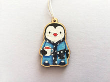 Load image into Gallery viewer, Penguin dressing gown Christmas decoration, eco friendly, ethically sourced wood, cute little tag, waiting for Santa