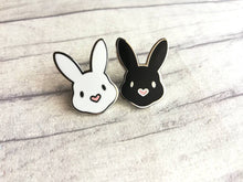 Load image into Gallery viewer, Rabbit enamel pins. Enamel badge. Enamel bunny brooch with pink heart shaped nose. Black, white, grey and white, black and white rabbits