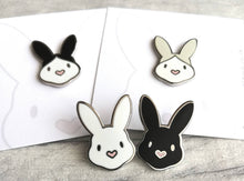 Load image into Gallery viewer, Rabbit enamel pins. Enamel badge. Enamel bunny brooch with pink heart shaped nose. Black, white, grey and white, black and white rabbits