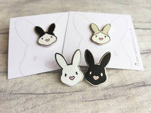 Load image into Gallery viewer, Rabbit enamel pins. Enamel badge. Enamel bunny brooch with pink heart shaped nose. Black, white, grey and white, black and white rabbits