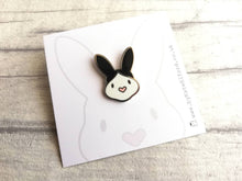 Load image into Gallery viewer, Rabbit enamel pins. Enamel badge. Enamel bunny brooch with pink heart shaped nose. Black, white, grey and white, black and white rabbits