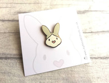 Load image into Gallery viewer, Rabbit enamel pins. Enamel badge. Enamel bunny brooch with pink heart shaped nose. Black, white, grey and white, black and white rabbits