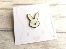 Load image into Gallery viewer, Rabbit enamel pins. Enamel badge. Enamel bunny brooch with pink heart shaped nose. Black, white, grey and white, black and white rabbits