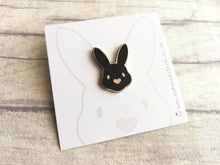 Load image into Gallery viewer, Rabbit enamel pins. Enamel badge. Enamel bunny brooch with pink heart shaped nose. Black, white, grey and white, black and white rabbits