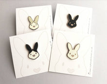 Load image into Gallery viewer, Rabbit enamel pins. Enamel badge. Enamel bunny brooch with pink heart shaped nose. Black, white, grey and white, black and white rabbits