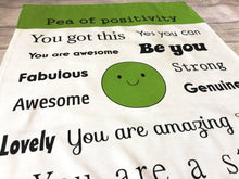 Load image into Gallery viewer, Pea of positivity tea towel. 100% cotton. Positive happy kitchen gift, house warming, supportive, friendship, care. With hanging loop
