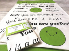 Load image into Gallery viewer, Pea of positivity tea towel. 100% cotton. Positive happy kitchen gift, house warming, supportive, friendship, care. With hanging loop