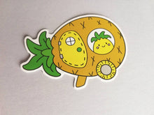 Load image into Gallery viewer, Pineapple caravan vinyl sticker, cute fruit, travelling happy pineapple