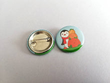 Load image into Gallery viewer, Mini penguin and pumpkin badge, trick or treat badge, little Halloween pin button
