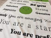 Load image into Gallery viewer, Pea of positivity tea towel. 100% cotton. Positive happy kitchen gift, house warming, supportive, friendship, care. With hanging loop