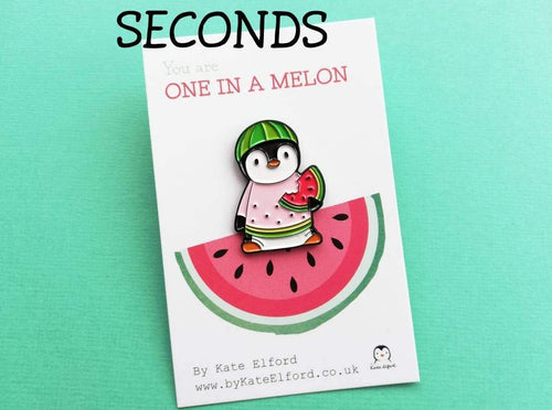 SECONDS Watermelon penguin soft enamel pin, penguin brooch. You are one in a melon. Positive, cheer up gift