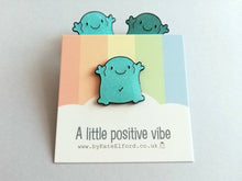 Load image into Gallery viewer, A positive vibe enamel pin, cute turquoise glittery pin, positive fun enamel brooch, caring, friendship, support enamel badges