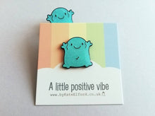 Load image into Gallery viewer, A positive vibe enamel pin, cute turquoise glittery pin, positive fun enamel brooch, caring, friendship, support enamel badges
