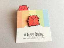 Load image into Gallery viewer, A fuzzy feeling enamel pin, cute glittery pin, positive enamel brooch, friendship, cuddly supportive enamel badges