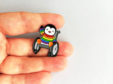 Load image into Gallery viewer, Penguin wearing a rainbow jumper, wheelchair enamel pin, penguin brooch