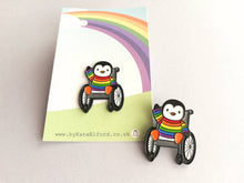 Load image into Gallery viewer, Penguin wearing a rainbow jumper, wheelchair enamel pin, penguin brooch