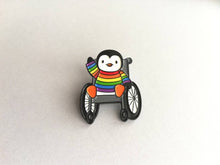 Load image into Gallery viewer, Penguin wearing a rainbow jumper, wheelchair enamel pin, penguin brooch
