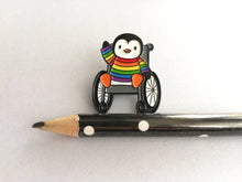 Load image into Gallery viewer, Penguin wearing a rainbow jumper, wheelchair enamel pin, penguin brooch