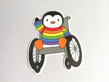 Load image into Gallery viewer, Penguin in a rainbow jumper, wheelchair vinyl penguin sticker