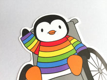 Load image into Gallery viewer, Penguin in a rainbow jumper, wheelchair vinyl penguin sticker