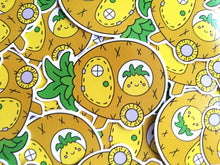 Load image into Gallery viewer, Pineapple caravan vinyl sticker, cute fruit, travelling happy pineapple