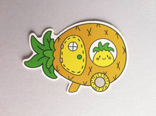 Load image into Gallery viewer, Pineapple caravan vinyl sticker, cute fruit, travelling happy pineapple