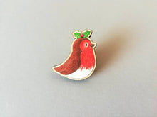 Load image into Gallery viewer, Robin pin, eco friendly wooden holly Christmas brooch, Responsibly resourced wood, eco friendly. Robin badge