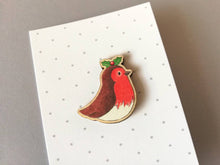 Load image into Gallery viewer, Robin pin, eco friendly wooden holly Christmas brooch, Responsibly resourced wood, eco friendly. Robin badge