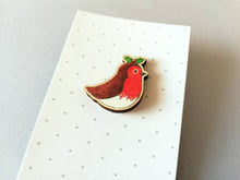 Load image into Gallery viewer, Robin pin, eco friendly wooden holly Christmas brooch, Responsibly resourced wood, eco friendly. Robin badge
