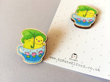 Load image into Gallery viewer, Frog and chick pin, eco friendly wooden teacup brooch, Responsibly resourced wood, eco friendly. Cute badge