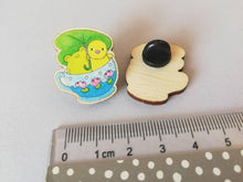 Load image into Gallery viewer, Frog and chick pin, eco friendly wooden teacup brooch, Responsibly resourced wood, eco friendly. Cute badge