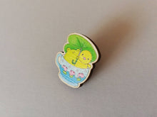 Load image into Gallery viewer, Frog and chick pin, eco friendly wooden teacup brooch, Responsibly resourced wood, eco friendly. Cute badge