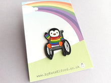 Load image into Gallery viewer, Penguin wearing a rainbow jumper, wheelchair enamel pin, penguin brooch