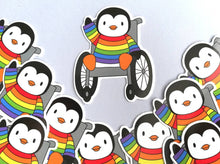 Load image into Gallery viewer, Penguin in a rainbow jumper, wheelchair vinyl penguin sticker