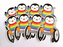 Load image into Gallery viewer, Penguin in a rainbow jumper, wheelchair vinyl penguin sticker