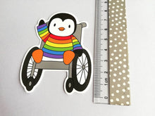 Load image into Gallery viewer, Penguin in a rainbow jumper, wheelchair vinyl penguin sticker