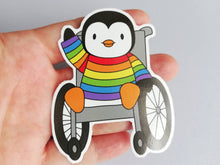 Load image into Gallery viewer, Penguin in a rainbow jumper, wheelchair vinyl penguin sticker