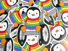 Load image into Gallery viewer, Penguin in a rainbow jumper, wheelchair vinyl penguin sticker