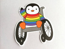 Load image into Gallery viewer, Penguin in a rainbow jumper, wheelchair vinyl penguin sticker