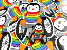 Load image into Gallery viewer, Penguin in a rainbow jumper, wheelchair vinyl penguin sticker