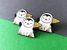 Load image into Gallery viewer, Penguin ghost enamel pin, Halloween spooky brooch, penguin boo badge, enamel pins