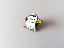 Load image into Gallery viewer, Penguin ghost enamel pin, Halloween spooky brooch, penguin boo badge, enamel pins