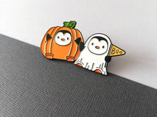 Load image into Gallery viewer, Penguin ghost enamel pin, Halloween spooky brooch, penguin boo badge, enamel pins