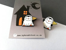 Load image into Gallery viewer, Penguin ghost enamel pin, Halloween spooky brooch, penguin boo badge, enamel pins