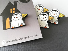 Load image into Gallery viewer, Penguin ghost enamel pin, Halloween spooky brooch, penguin boo badge, enamel pins