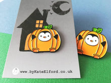 Load image into Gallery viewer, Seconds - Pumpkin penguin enamel pin, Cute Halloween brooch, autumn pin