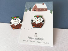 Load image into Gallery viewer, Seconds - Pudding penguin enamel pin, Christmas pudding brooch, enamel pins